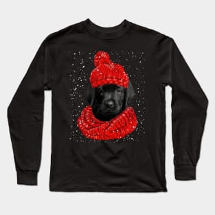 Black Labrador Wearing Red Hat And Scarf Christmas Long Sleeve T-Shirt